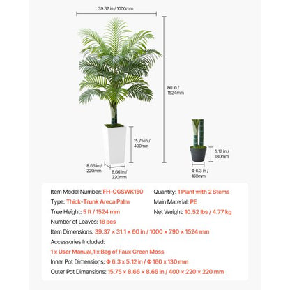 1524mm Artificial Areca Palm Plant with White Pot Indoor | EU