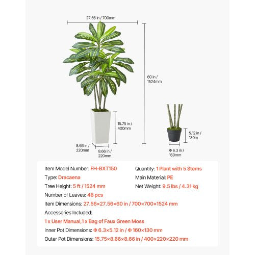 1524 mm artificial dracaena tree artificial plant with white pot indoors | EU