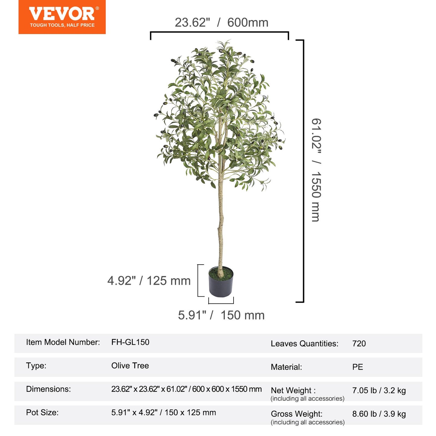 Artificial Olive Tree, 1.5m High Fake Plant, Safe PE Material and Tipover Protection Low Maintenance Plant, Lifelike Green Fake Potted Tree for Home Office Warehouse Decor Indoor Outdoor