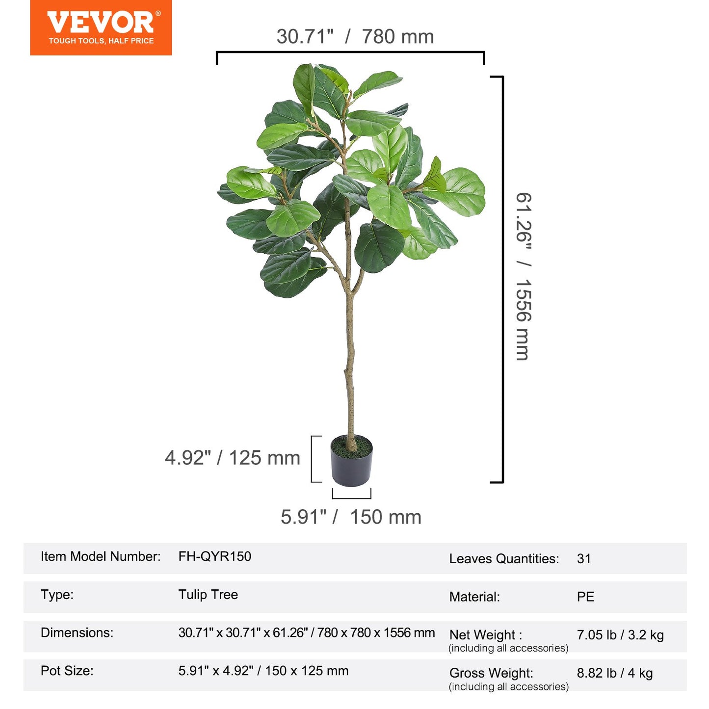 Artificial Fiddle Leaf Fig Tree, 5 FT, Safe PE Material &amp; Tip-over Protection Low Maintenance Artificial Plant, Lifelike Green Fake Potted Tree for Home Office Warehouse Decor Indoor Outdoor