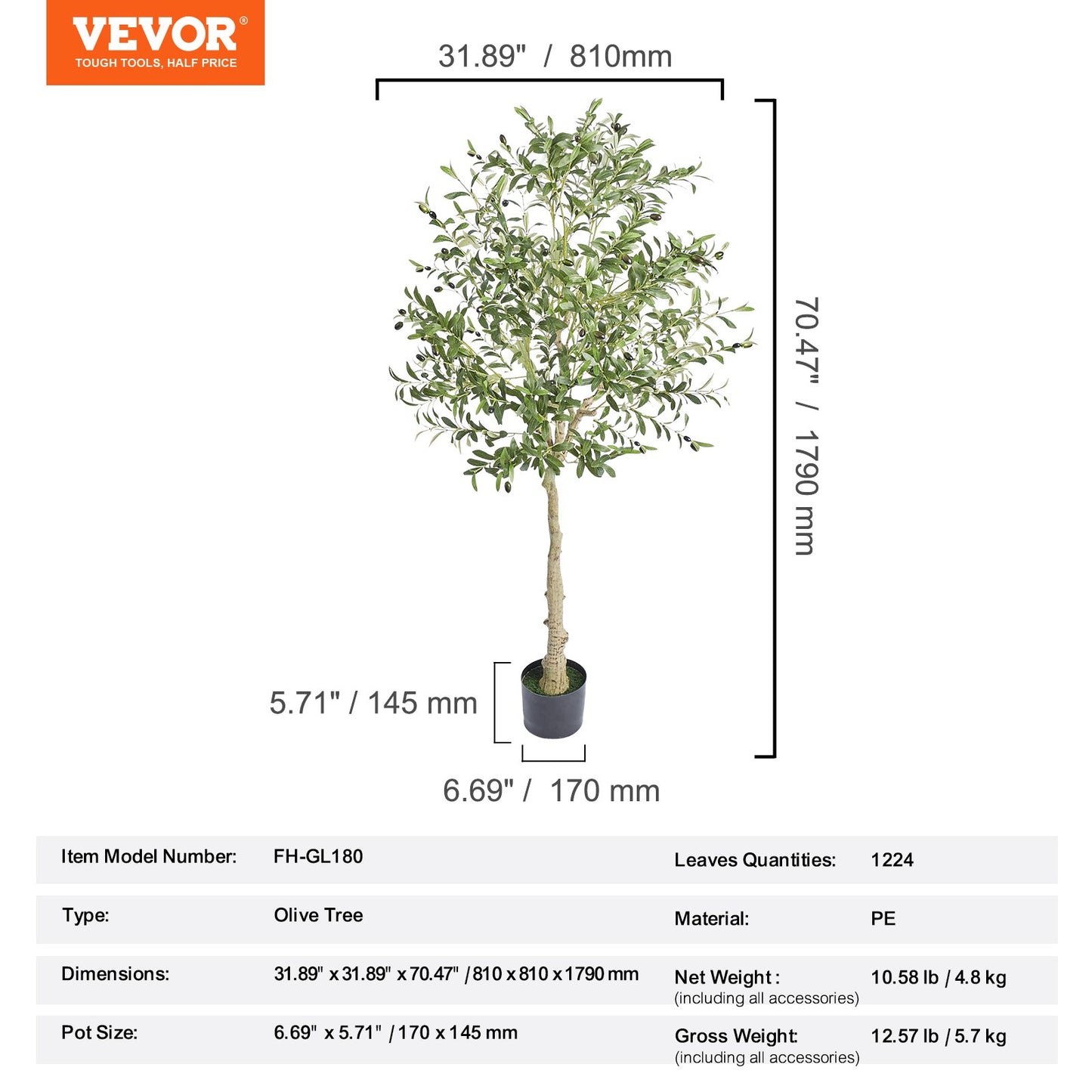 Artificial Olive Tree, 1.8m High Fake Plant, Safe PE Material and Tipover Protection Low Maintenance Plant, Lifelike Green Fake Potted Tree for Home Office Warehouse Decor Indoor Outdoor