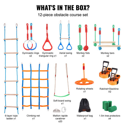2x50 feet Ninja Warrior obstacle course for kids outdoor Slackline 12 obstacles