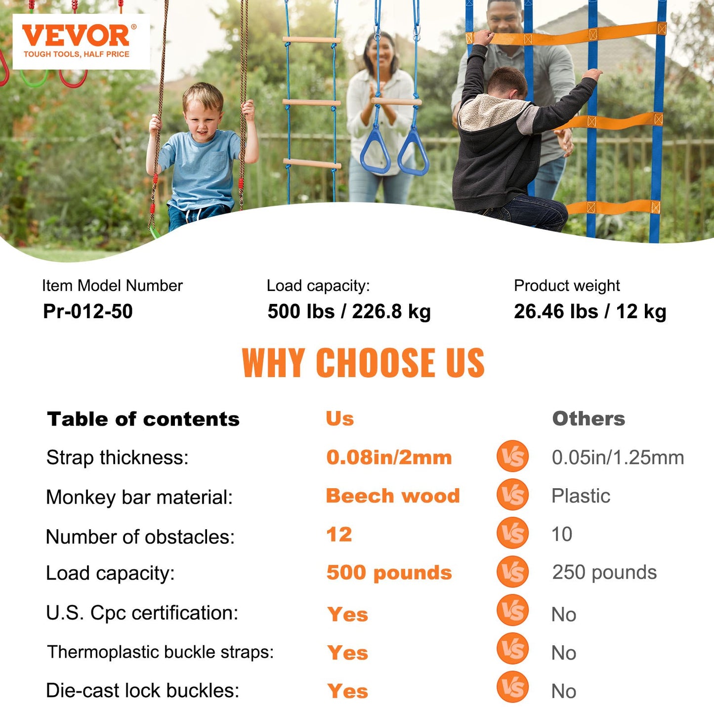 2x50 feet Ninja Warrior obstacle course for kids outdoor Slackline 12 obstacles