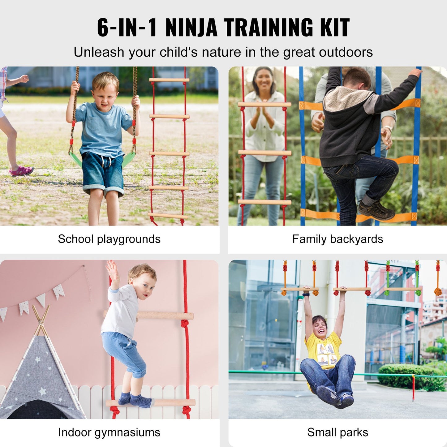 Ninja Warrior hinderbana för barn, 15,24 m väderbeständig Slacklines, 500lbs viktkapacitet Monkey Line, Utomhuslekutrustning, Bakgårdsleksaker Träningsutrustning Set med 10 hinder