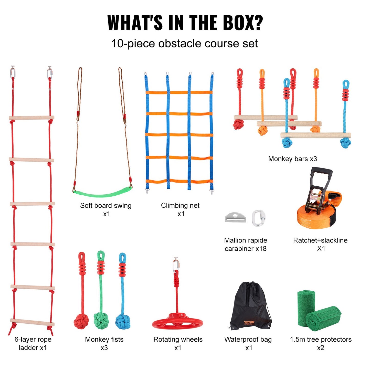 Ninja Warrior hinderbana för barn, 15,24 m väderbeständig Slacklines, 500lbs viktkapacitet Monkey Line, Utomhuslekutrustning, Bakgårdsleksaker Träningsutrustning Set med 10 hinder