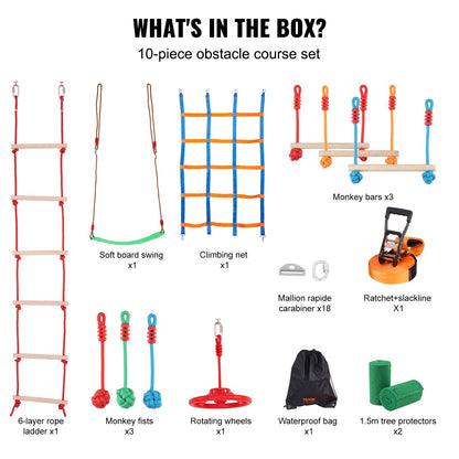 Ninja Warrior hinderbana för barn, 15,24 m väderbeständig Slacklines, 500lbs viktkapacitet Monkey Line, Utomhuslekutrustning, Bakgårdsleksaker Träningsutrustning Set med 10 hinder