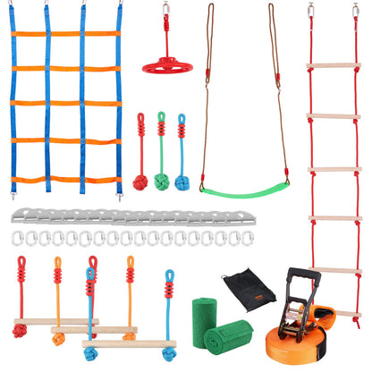 Ninja Warrior hinderbana för barn, 15,24 m väderbeständig Slacklines, 500lbs viktkapacitet Monkey Line, Utomhuslekutrustning, Bakgårdsleksaker Träningsutrustning Set med 10 hinder