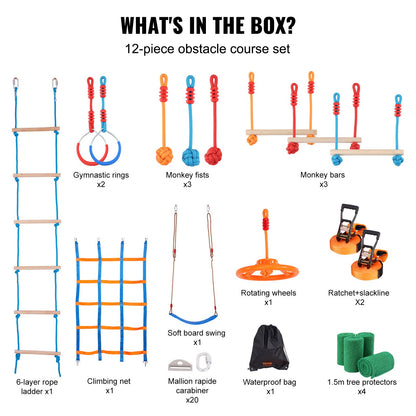 2x56 ft Ninja Warrior Obstacle Course for Kids Outdoor Slackline 12 Obstacles