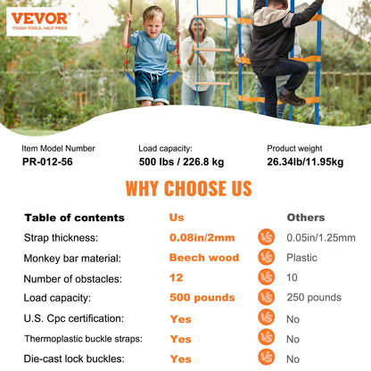 2x56 ft Ninja Warrior Obstacle Course for Kids Outdoor Slackline 12 Obstacles