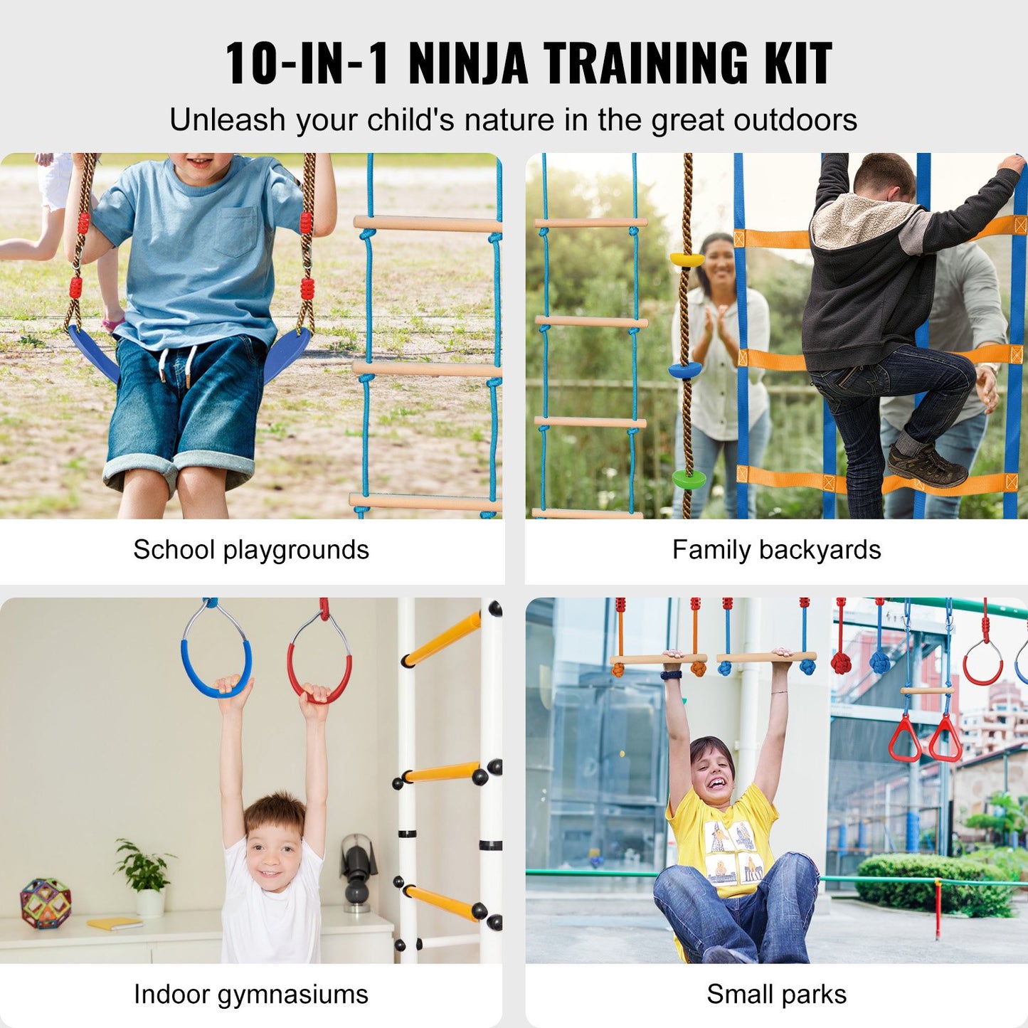 2x60 fot Ninja Warrior hinderbana för barn utomhus Slackline 14 hinder