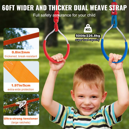 2x60 fot Ninja Warrior hinderbana för barn utomhus Slackline 14 hinder
