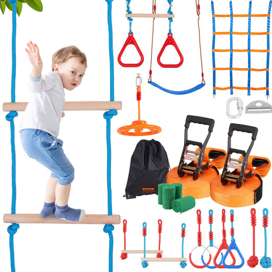 2x60 fot Ninja Warrior hinderbana för barn utomhus Slackline 14 hinder