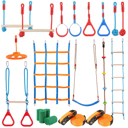 2x60 fot Ninja Warrior hinderbana för barn utomhus Slackline 14 hinder