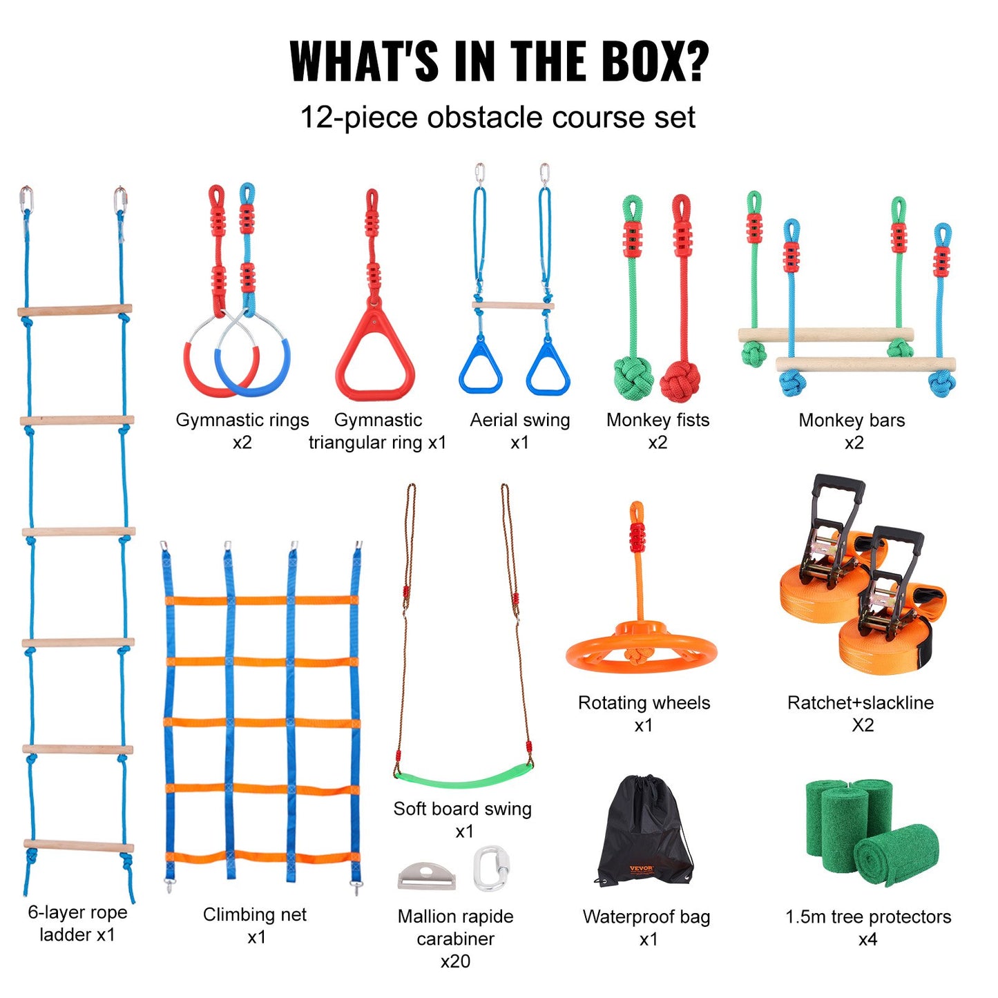 2x65 feet Ninja Warrior obstacle course for kids outdoor Slackline 12 obstacles