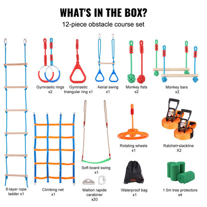 2x65 feet Ninja Warrior obstacle course for kids outdoor Slackline 12 obstacles