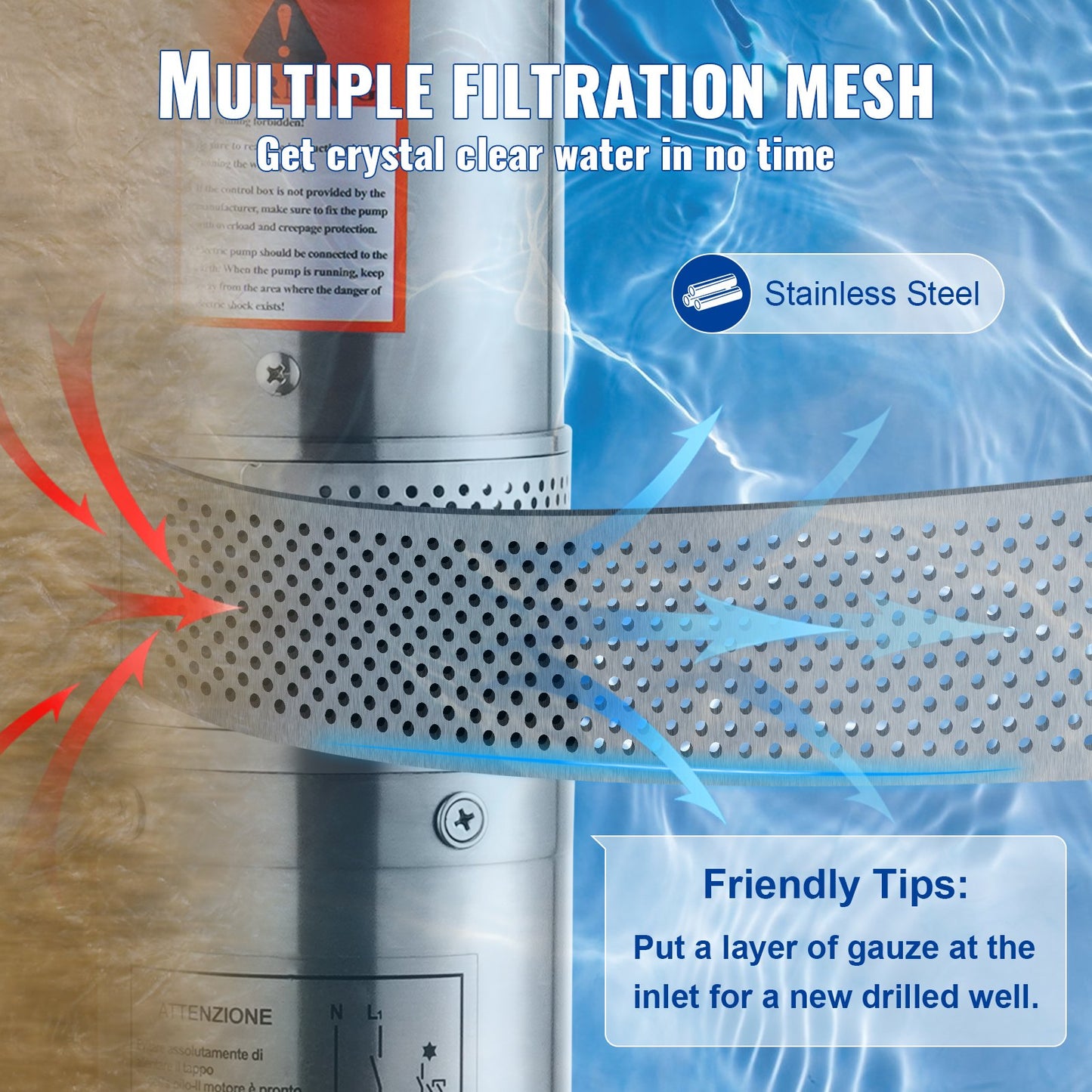 Dränkbar pump med djup brunn i rostfritt stål vattenpump 750W 230V 7,1 m³/h