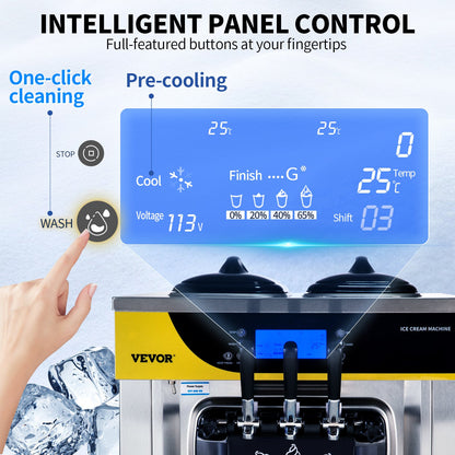 Commercial Ice Cream Machine, 22-30L/H Capacity, 2200W Countertop Soft Serve Machine with 2x6L Hopper 2L Cylinder LCD Panel Puffing Failure Alarm, Frozen Yogurt Maker for Restaurant Snack Bar, Silver