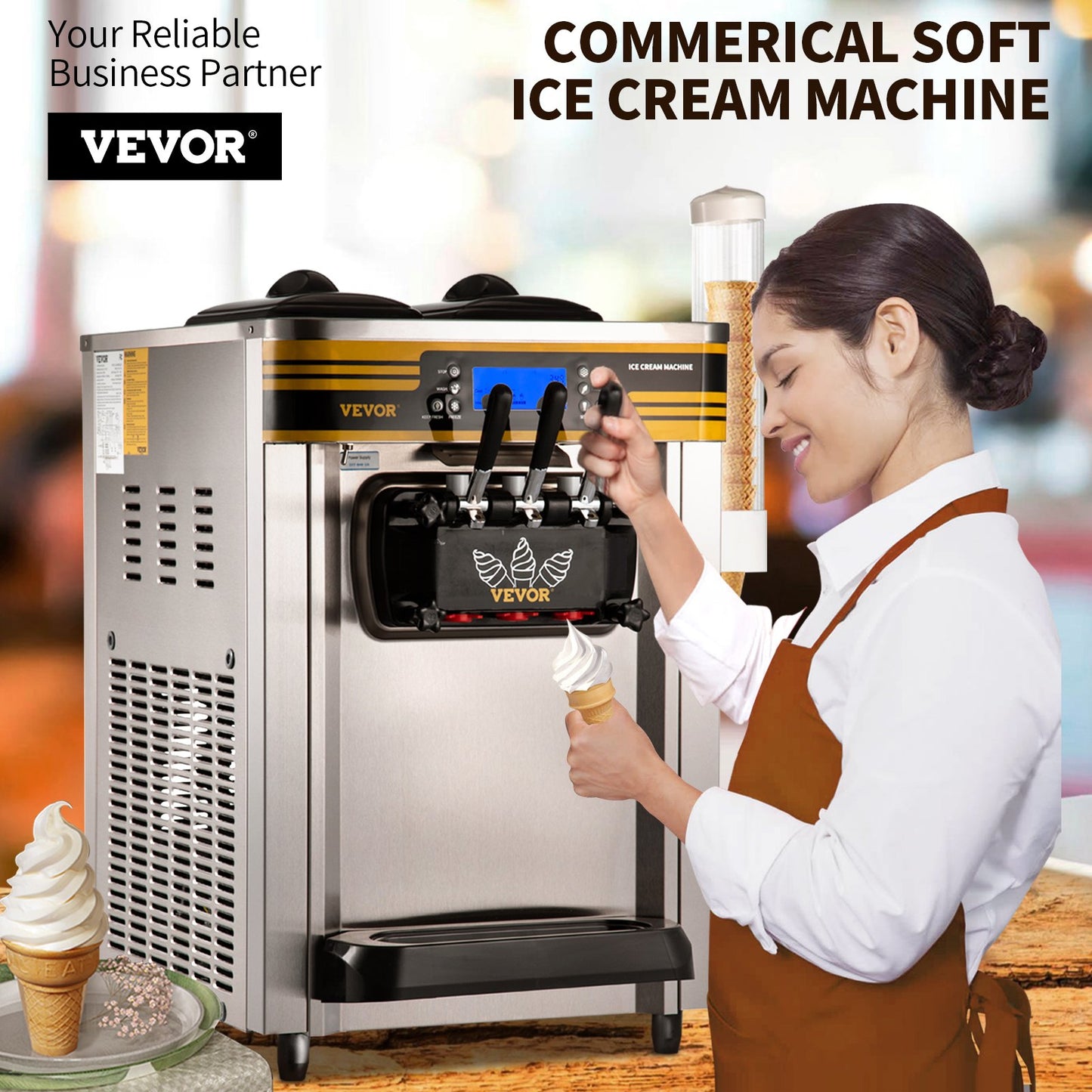 Commercial Ice Cream Machine, 22-30L/H Capacity, 2350W Countertop Soft Serve Machine with 2x6L Hopper 2L Cylinder LCD Panel Puffing Shortage Alarm, Frozen Yogurt Maker for Restaurant Snack Bar, Silver