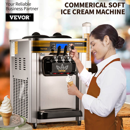 Commercial Ice Cream Machine, 22-30L/H Capacity, 2350W Countertop Soft Serve Machine with 2x6L Hopper 2L Cylinder LCD Panel Puffing Shortage Alarm, Frozen Yogurt Maker for Restaurant Snack Bar, Silver