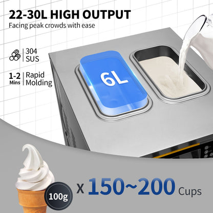Commercial Ice Cream Machine, 22-30L/H Capacity, 2350W Countertop Soft Serve Machine with 2x6L Hopper 2L Cylinder LCD Panel Puffing Shortage Alarm, Frozen Yogurt Maker for Restaurant Snack Bar, Silver