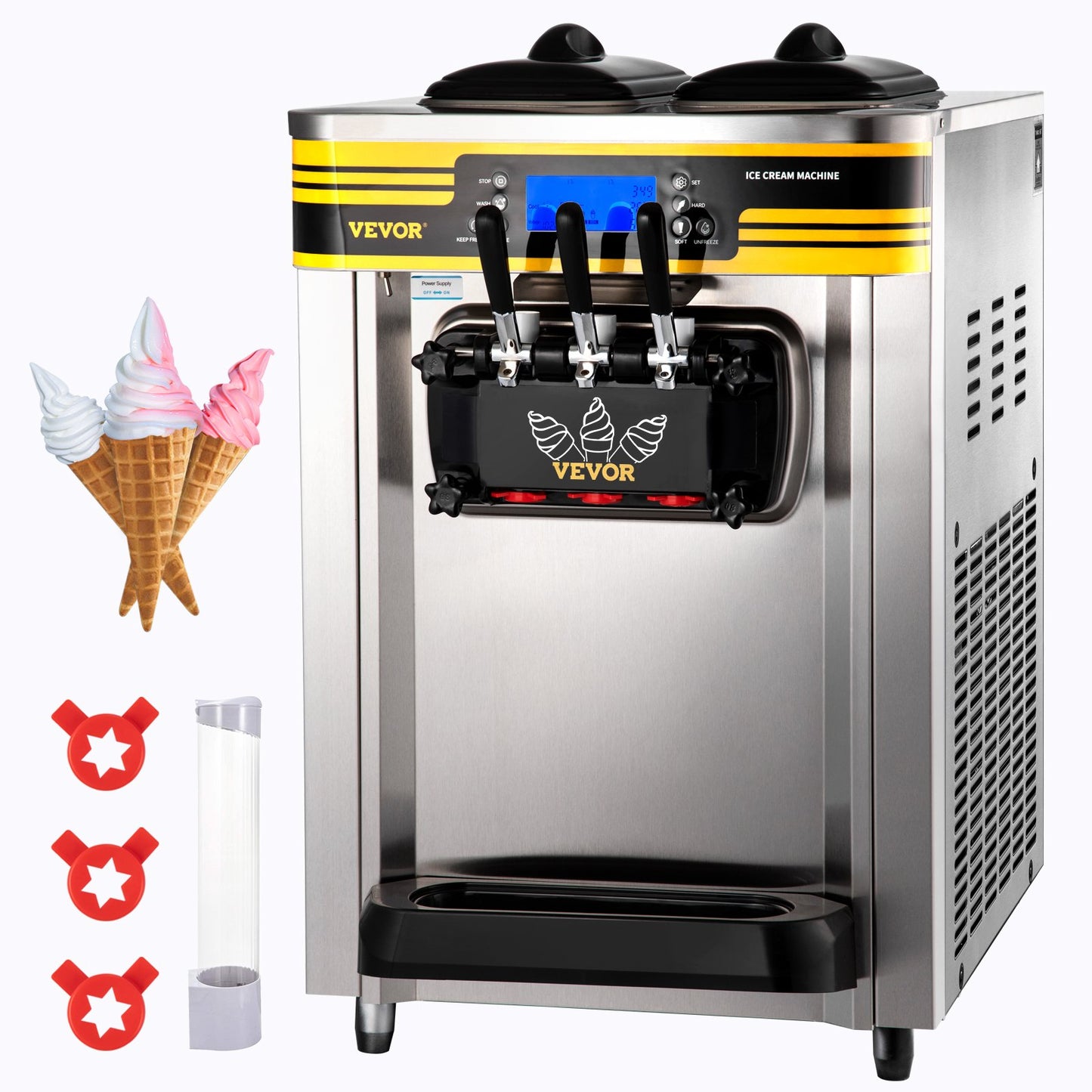 Commercial Ice Cream Machine, 22-30L/H Capacity, 2350W Countertop Soft Serve Machine with 2x6L Hopper 2L Cylinder LCD Panel Puffing Shortage Alarm, Frozen Yogurt Maker for Restaurant Snack Bar, Silver