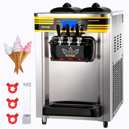 Commercial Ice Cream Machine, 22-30L/H Capacity, 2350W Countertop Soft Serve Machine with 2x6L Hopper 2L Cylinder LCD Panel Puffing Shortage Alarm, Frozen Yogurt Maker for Restaurant Snack Bar, Silver