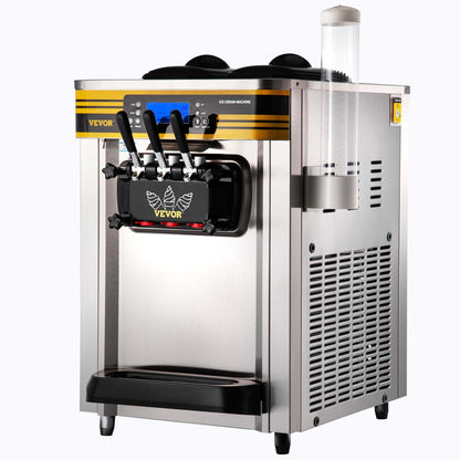 Commercial Ice Cream Machine, 22-30L/H Capacity, 2350W Countertop Soft Serve Machine with 2x6L Hopper 2L Cylinder LCD Panel Puffing Shortage Alarm, Frozen Yogurt Maker for Restaurant Snack Bar, Silver