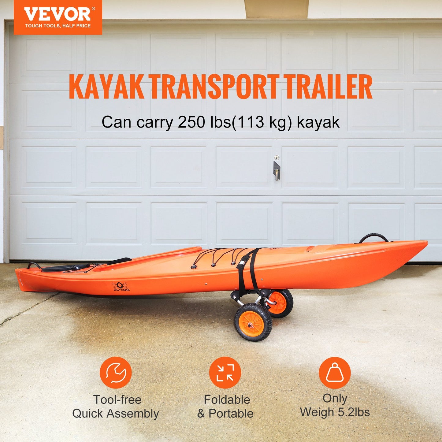 Heavy Duty Kayak Cart, 250lbs Load Capacity, Foldable Canoe Trolley Cart with 10'' Solid Tires, Non-Slip Support Feet &amp; Tie Down Straps, for Kayaks Canoes Paddleboards Float Mats Jon Boats