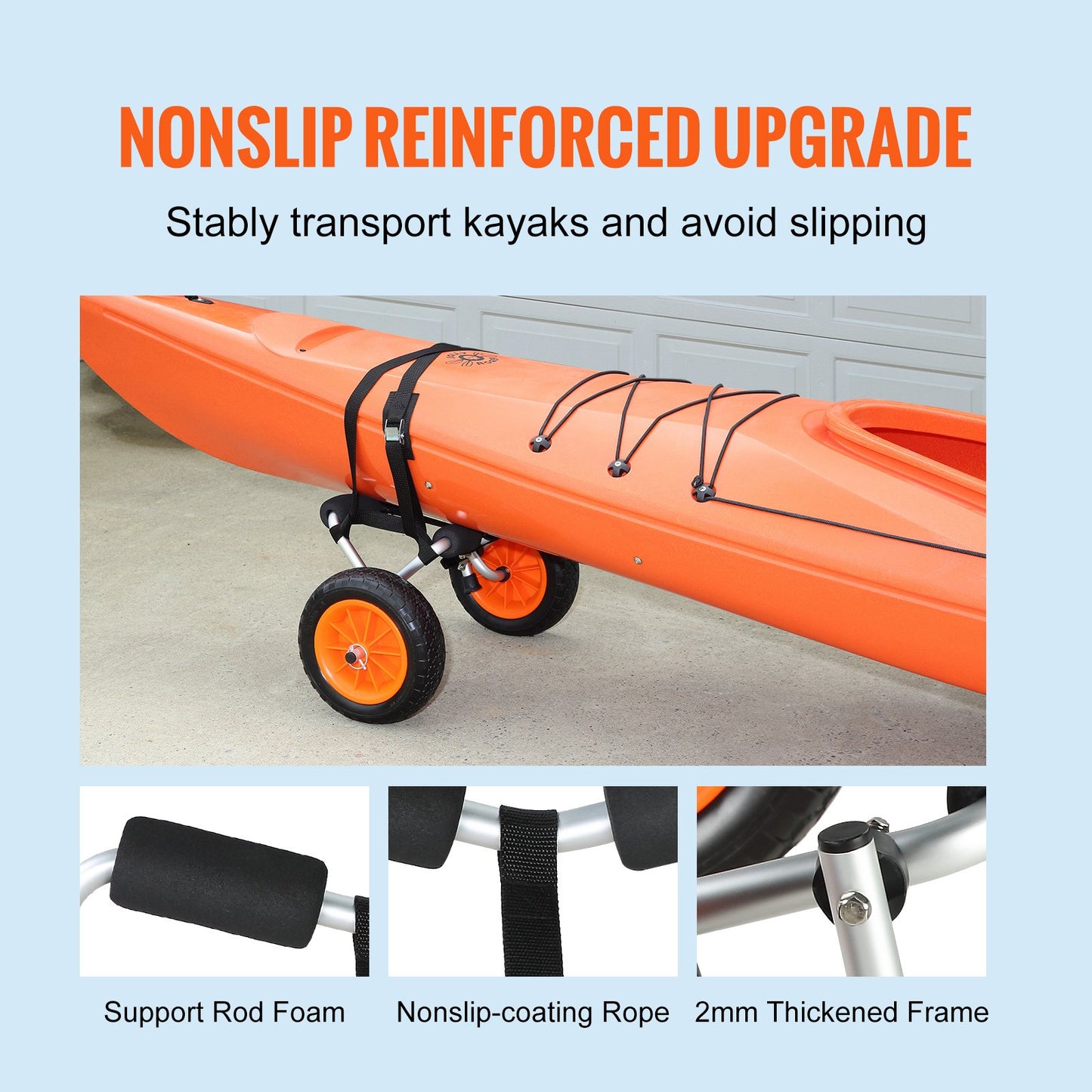 Heavy Duty Kayak Cart, 250lbs Load Capacity, Foldable Canoe Trolley Cart with 10'' Solid Tires, Non-Slip Support Feet &amp; Tie Down Straps, for Kayaks Canoes Paddleboards Float Mats Jon Boats