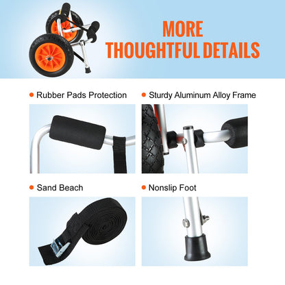 Heavy Duty Kayak Cart, 250lbs Load Capacity, Foldable Canoe Trolley Cart with 10'' Solid Tires, Non-Slip Support Feet &amp; Tie Down Straps, for Kayaks Canoes Paddleboards Float Mats Jon Boats