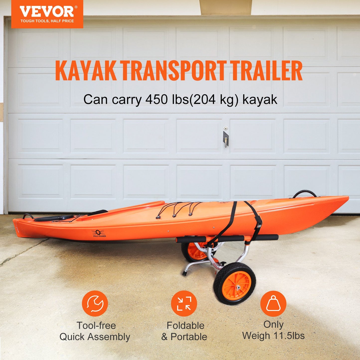 Heavy Duty Kayak Cart, 450lbs Load Capacity, Detachable Canoe Trailer Cart with 12'' Solid Tires, Adjustable Width &amp; Non-Slip Support Foot, for Kayaks Canoes Paddleboards Float Mats Jon Boats