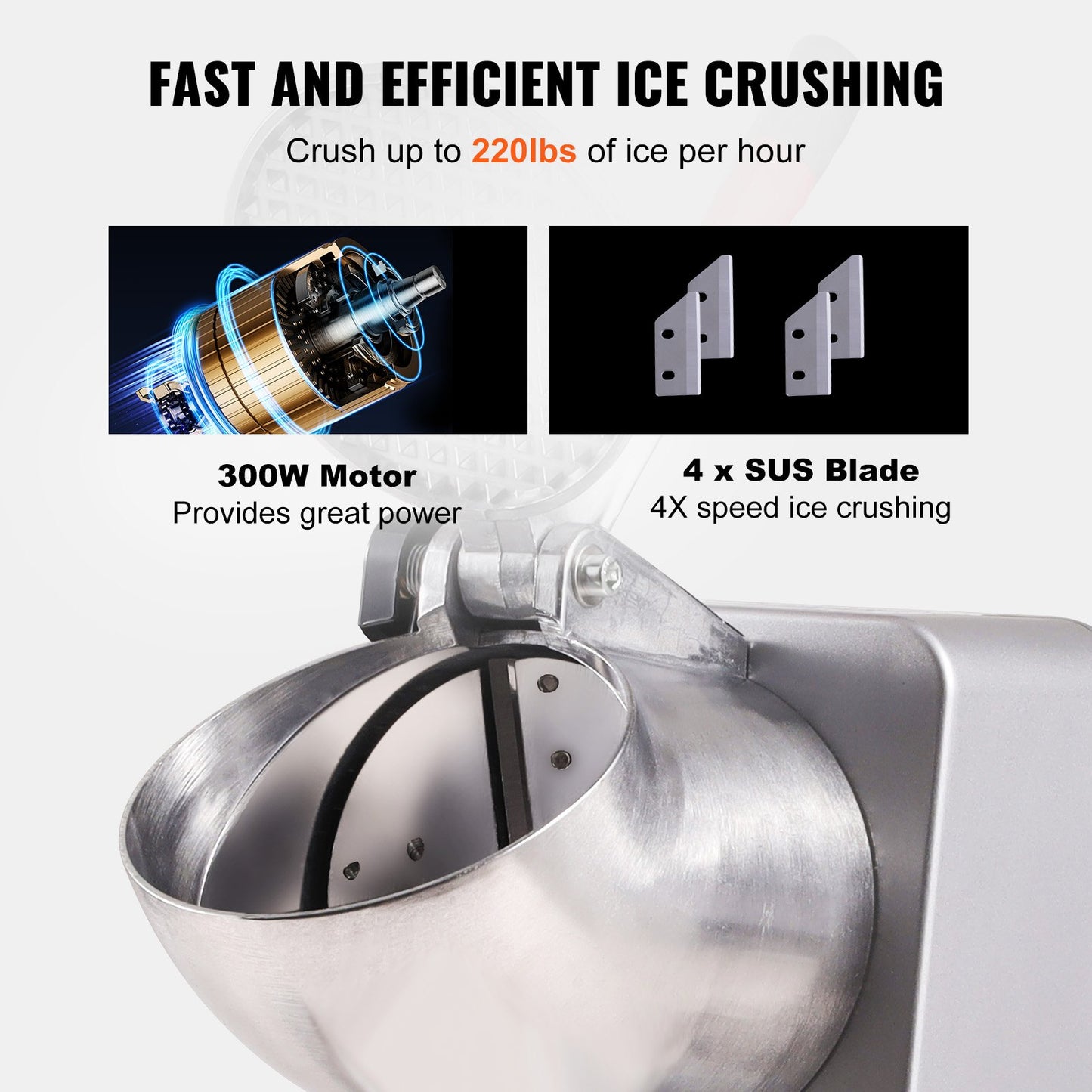 Electric Ice Crusher Machine 220LBS/Hr Snow Cone Maker Shaved Ice 300W