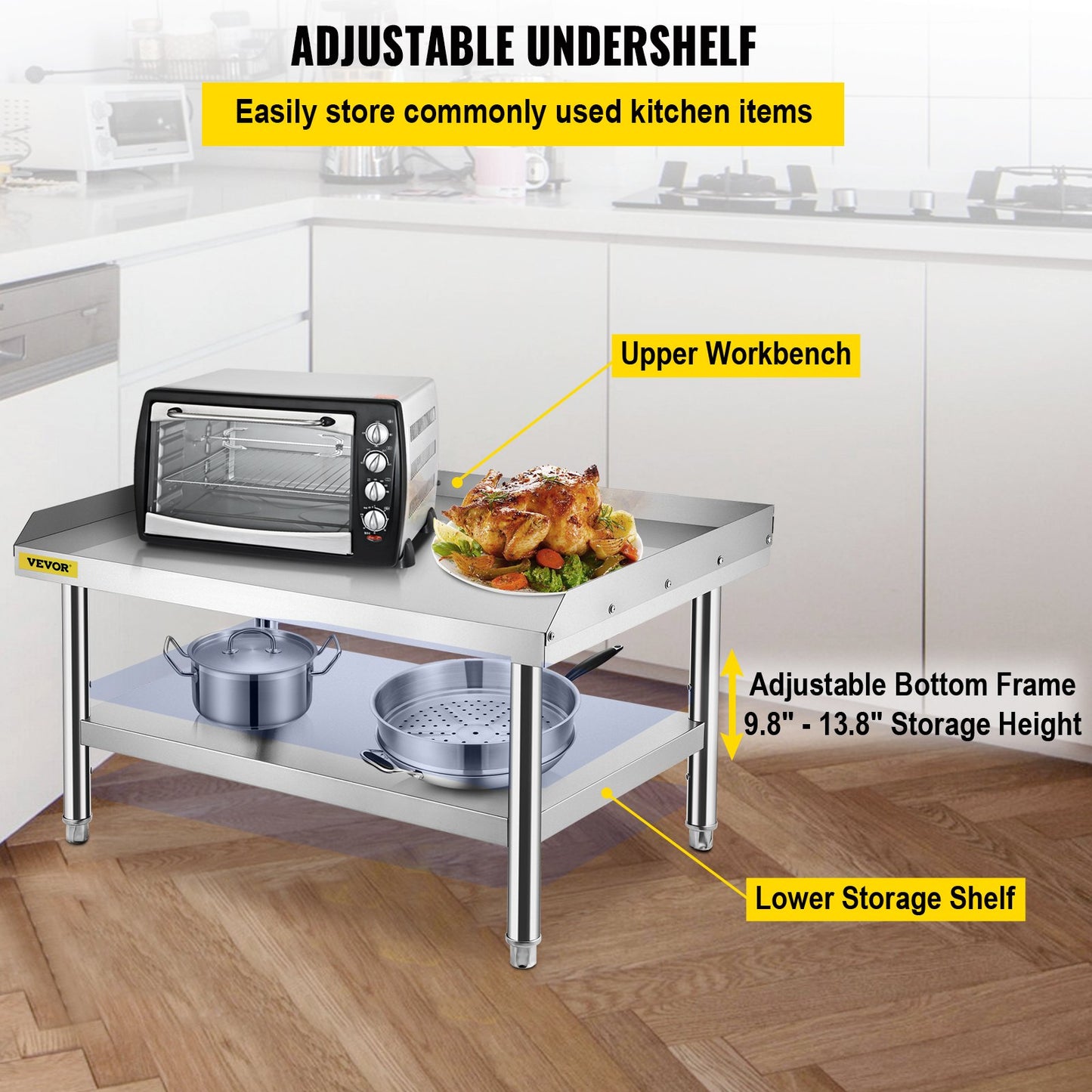 Grillställ i rostfritt stål, 48 x 30 x 24 tum rostfritt bord, Grillbord med justerbar förvaringshylla, Utrustningsställ Grillbord för hotell, hem, restaurangkök
