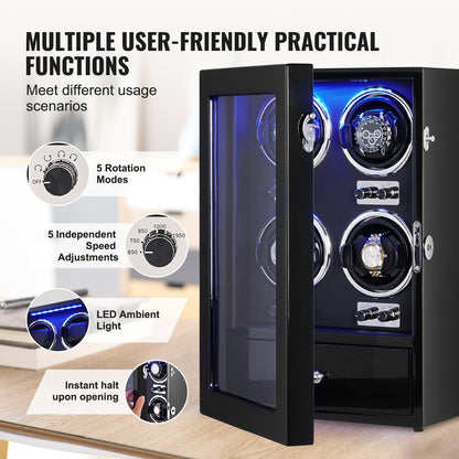 Watch Winder för 4 automatiska klockor med 4 tysta japanska Mabuchi-motorer