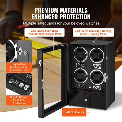 Watch Winder för 4 automatiska klockor med 4 tysta japanska Mabuchi-motorer