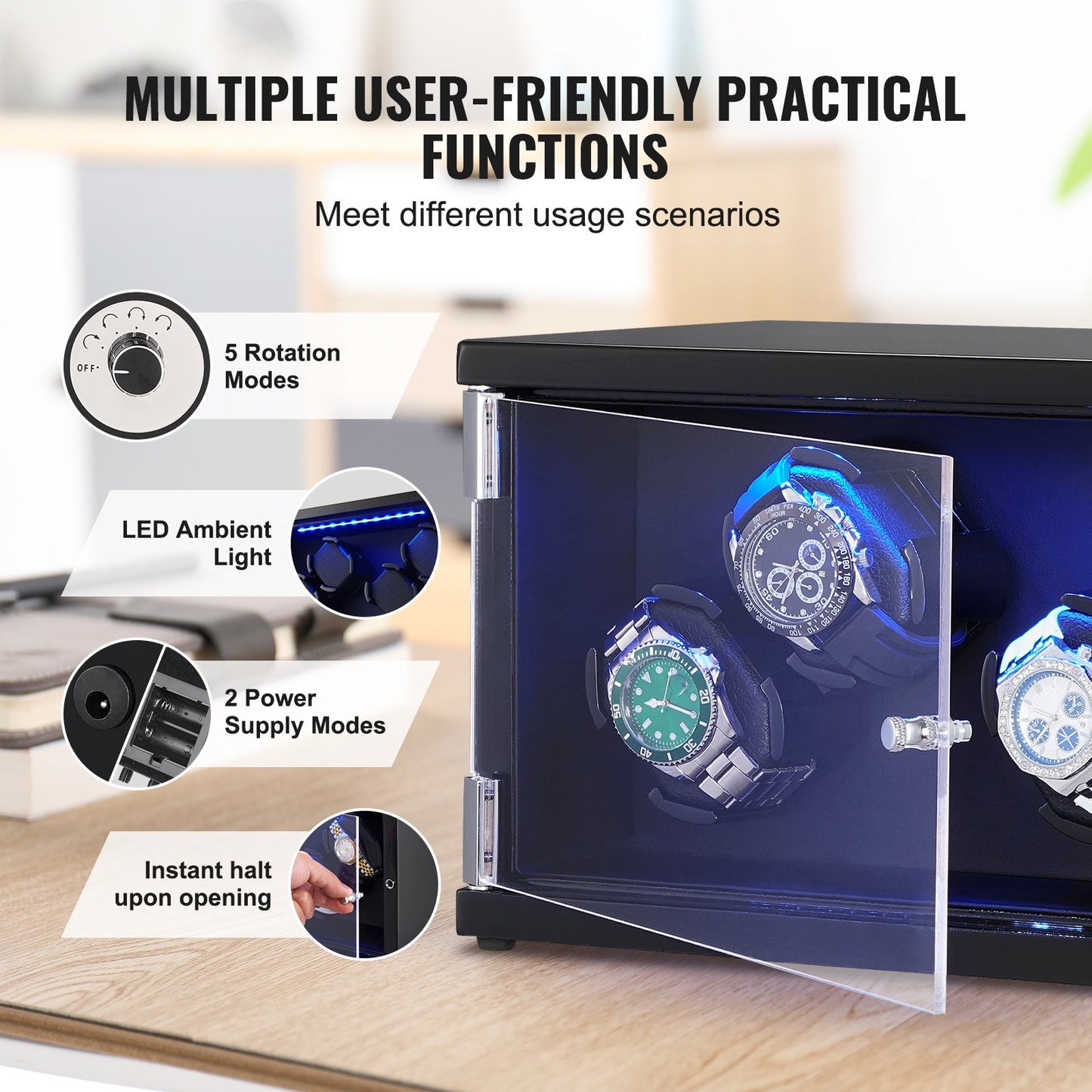 Watch Winder for 4 automatic watches with 2 silent Japanese Mabuchi motors