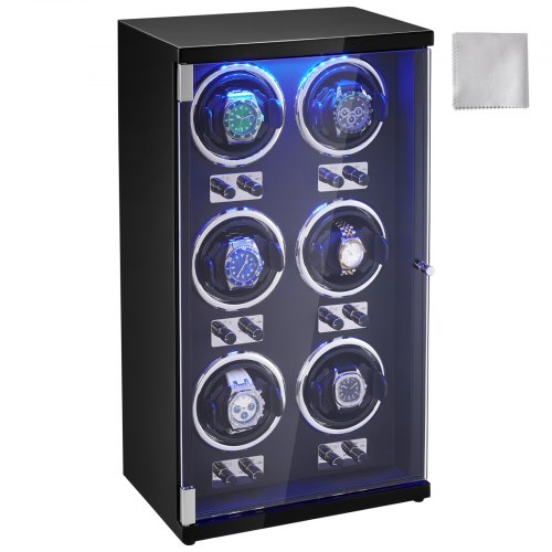 Watch Winder, Watch Winder for 6 Men's and Women's Automatic Watches, with 6 Super Quiet Japanese Mabuchi Motors, Blue LED Light and Adapter, High-Density Board Shell and Black PU