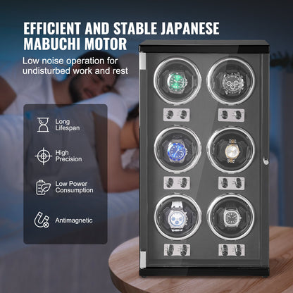 Watch Winder för 6 automatiska klockor med 6 tysta japanska Mabuchi-motorer