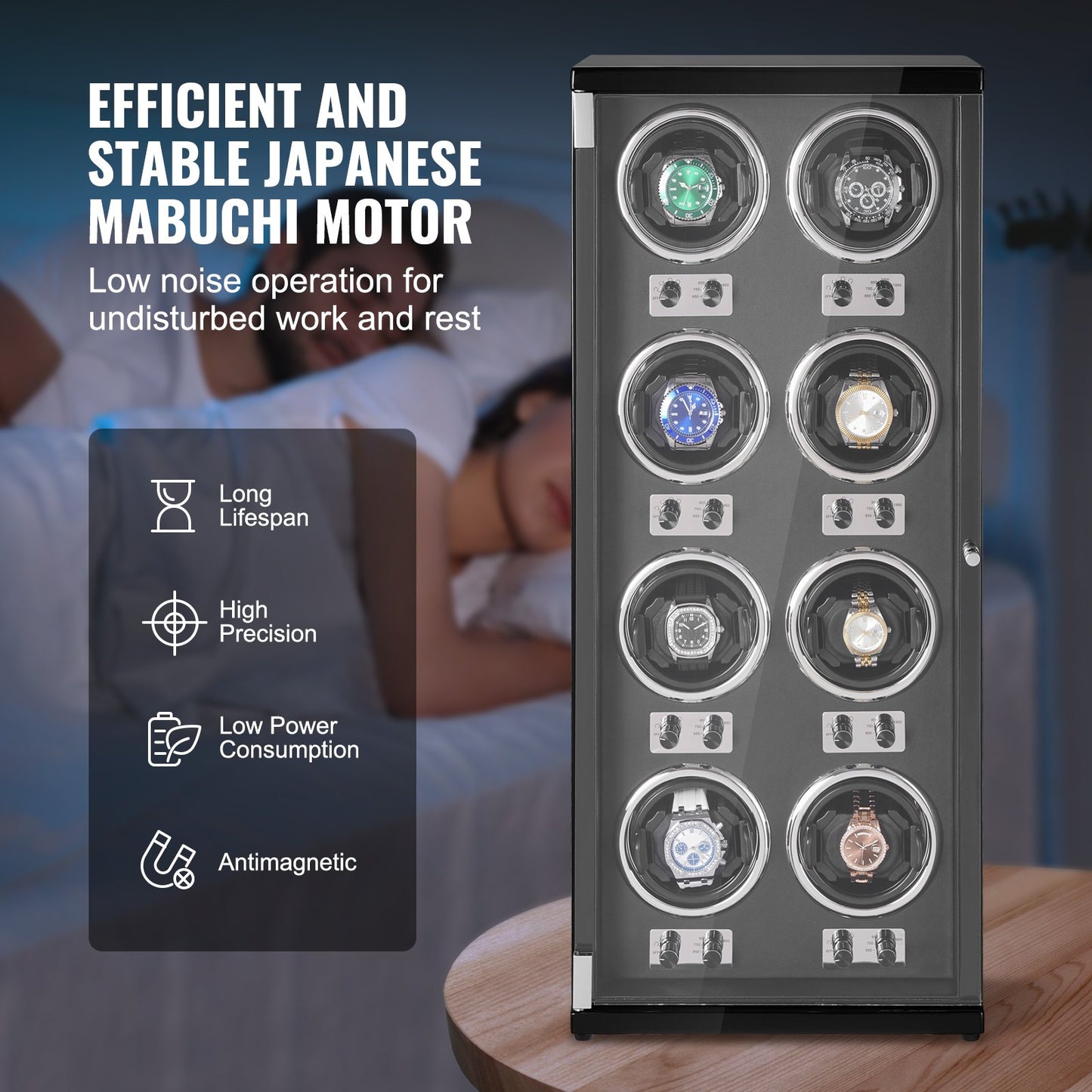 Watch Winder for 8 automatic watches with 8 silent Japanese Mabuchi motors