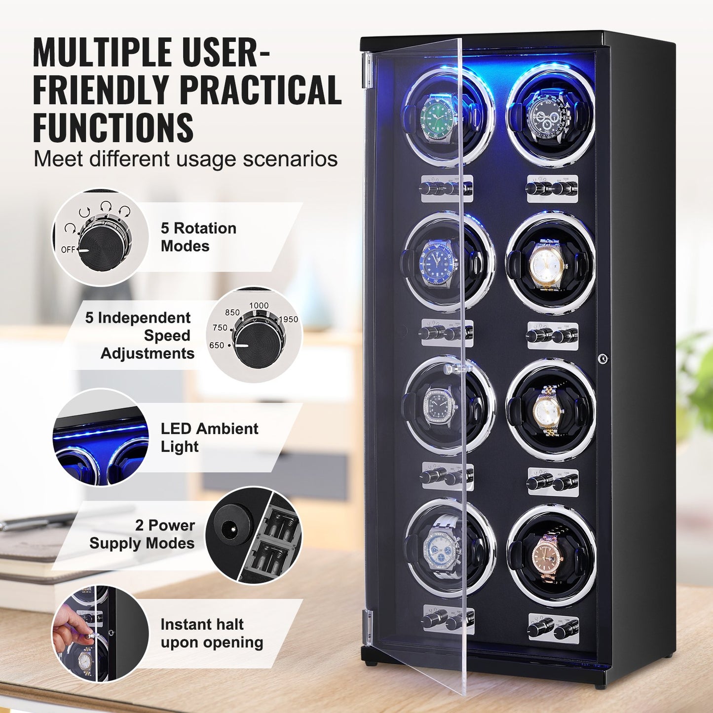 Watch Winder for 8 automatic watches with 8 silent Japanese Mabuchi motors