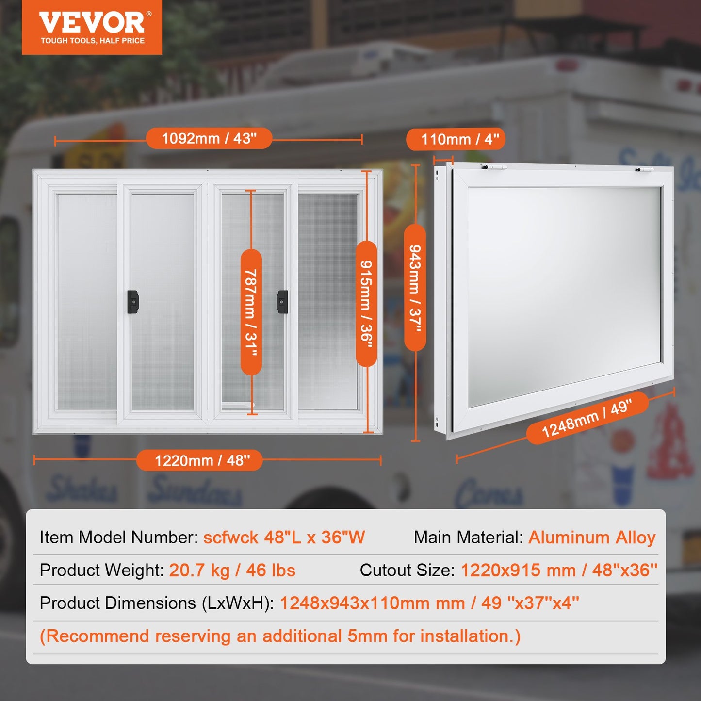 48"L x 36"W Koncessionsställ Servering Fönster Food Truck Service Markis