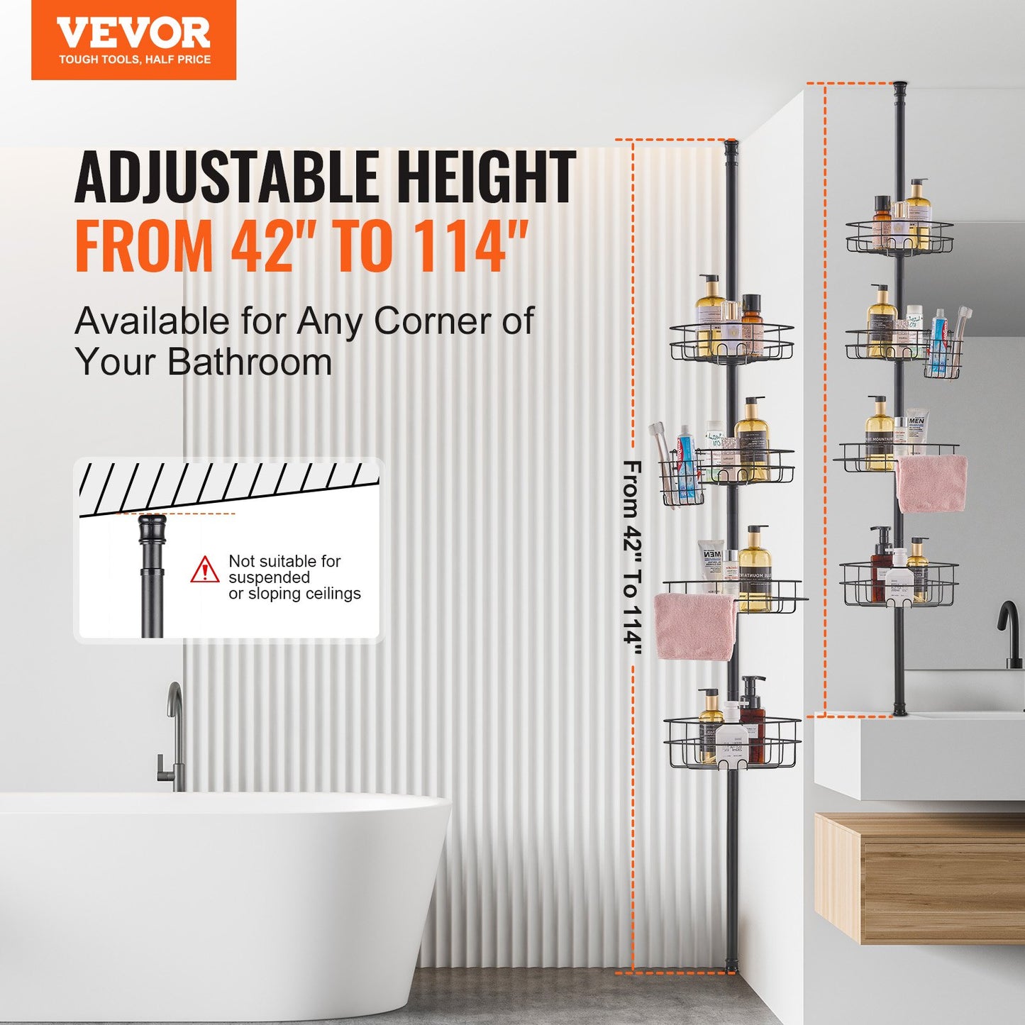 42" to 114" high shower enclosure Caddy tension rod Rustproof tension rod