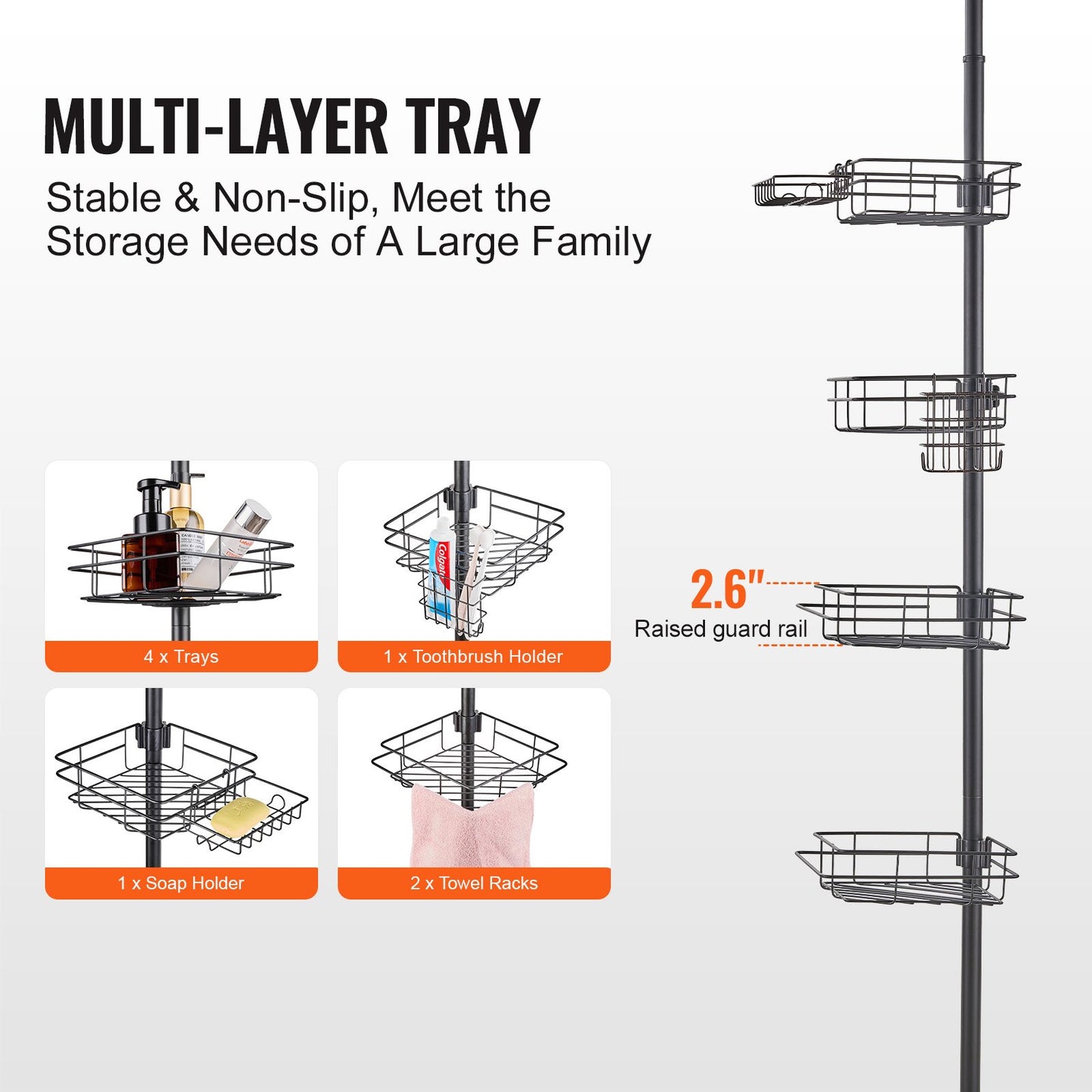 42" to 114" high shower enclosure Caddy tension rod Rustproof tension rod