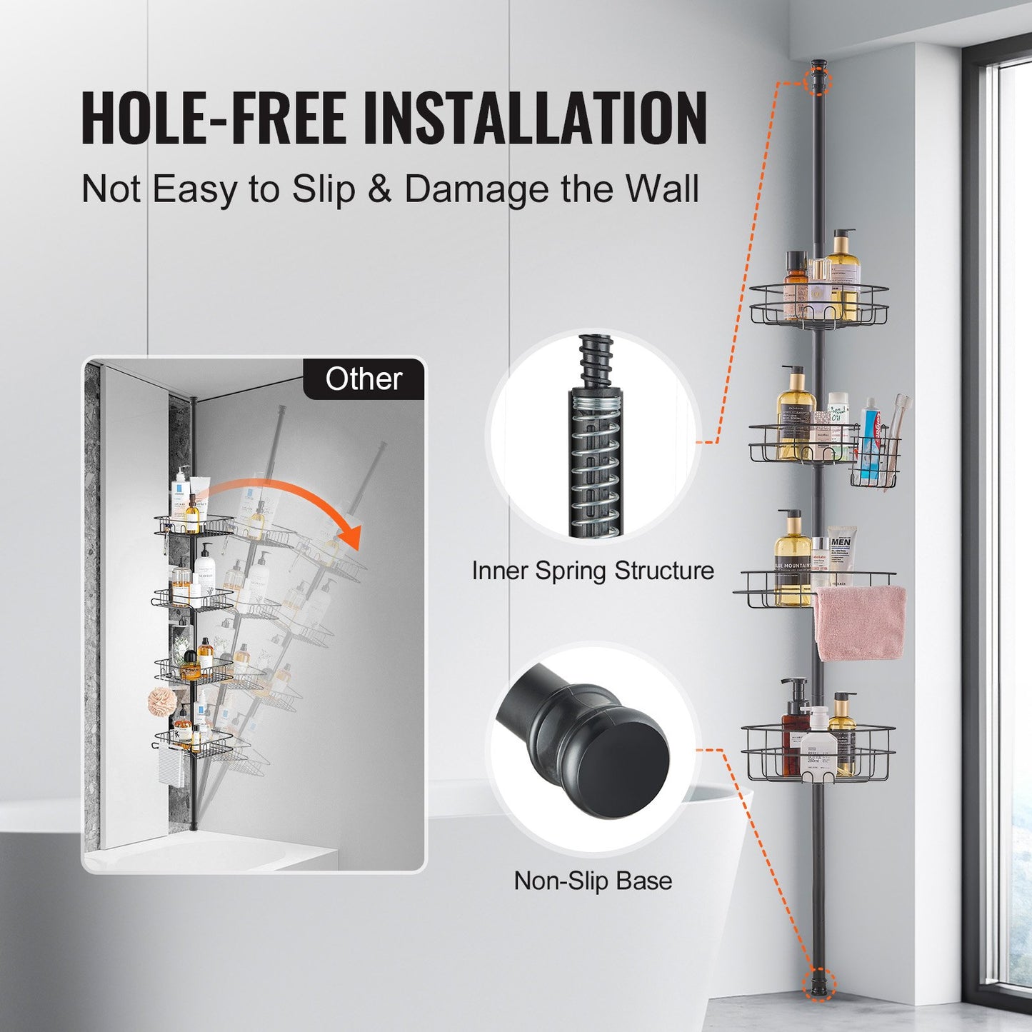 42" to 114" high shower enclosure Caddy tension rod Rustproof tension rod
