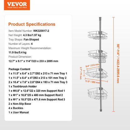 56" to 114" High Shower Corner Caddy Tension Rod Stainless Steel Tension Rod
