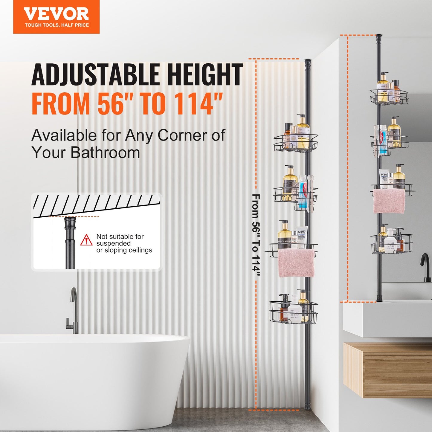 56" till 114" High Shower Corner Caddy Spännstång Rostsäker Spännstång