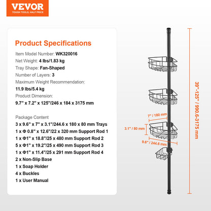 39" to 125" High Shower Corner Caddy Tension Rod Stainless Steel Tension Rod