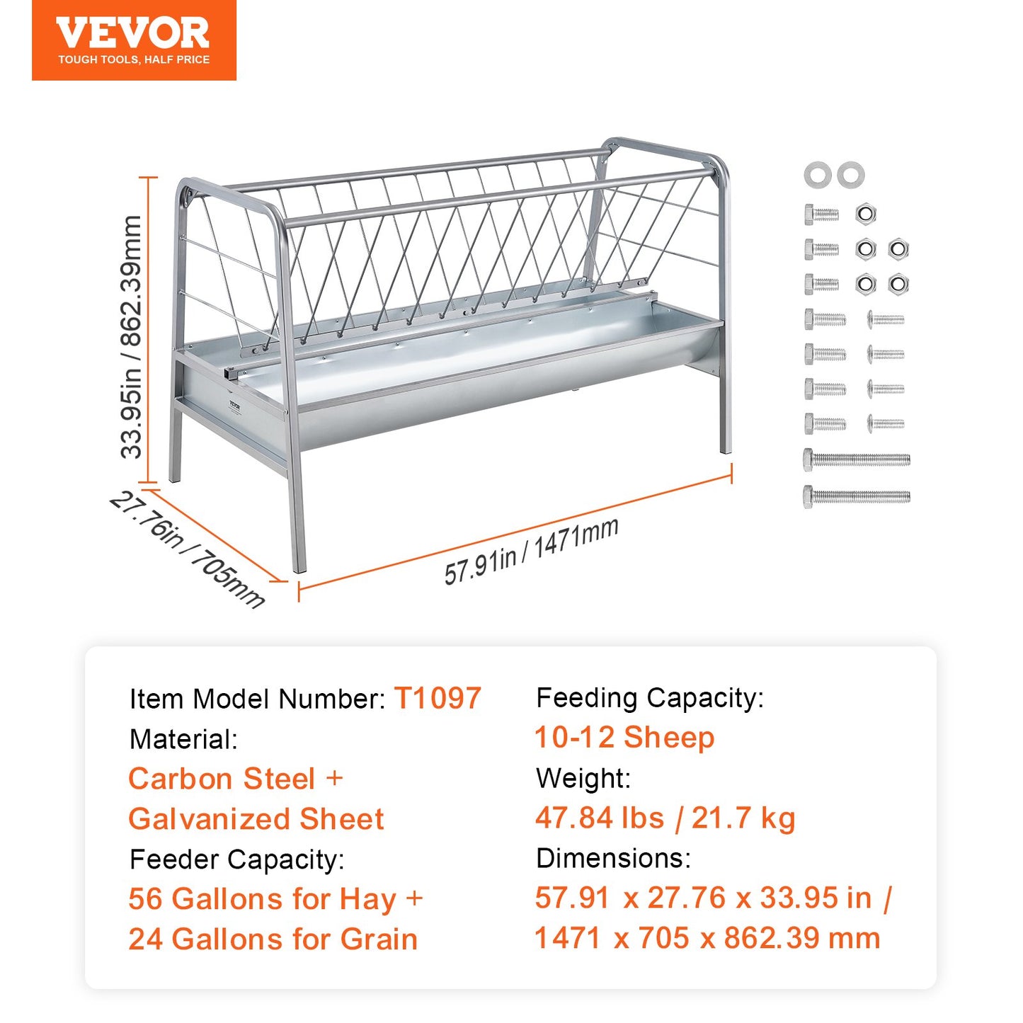 Livestock hay feeder 2 in 1 grain and hay feeder 80 liters for sheep