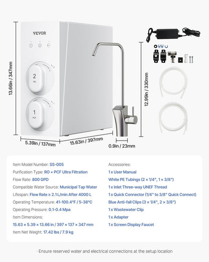 Reverse Osmosis System 800 GPD 8-Stage Tankless Water Filter Under Sink