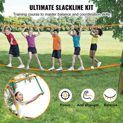 Slackline Kit with Training Rope, 60 Feet Backyard Slack Line Equipment, Easy-to-Install Tight Rope for Kids, Adults, Complete Slackline Set with Tree Guard, Arm Training, Carrying Bag and Instruction